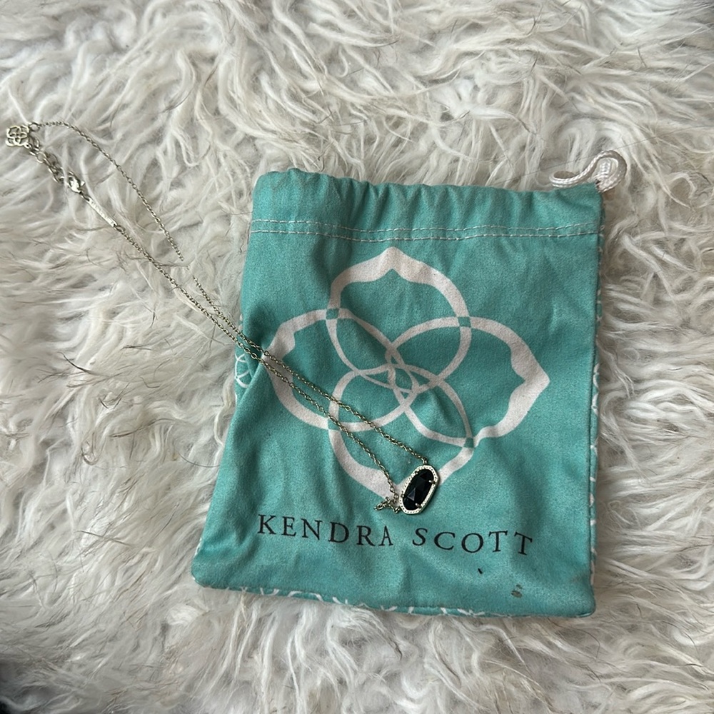 Kendra Scott Silver Elisa Necklace with Black Opaque Glass Pendant and Dust Bag